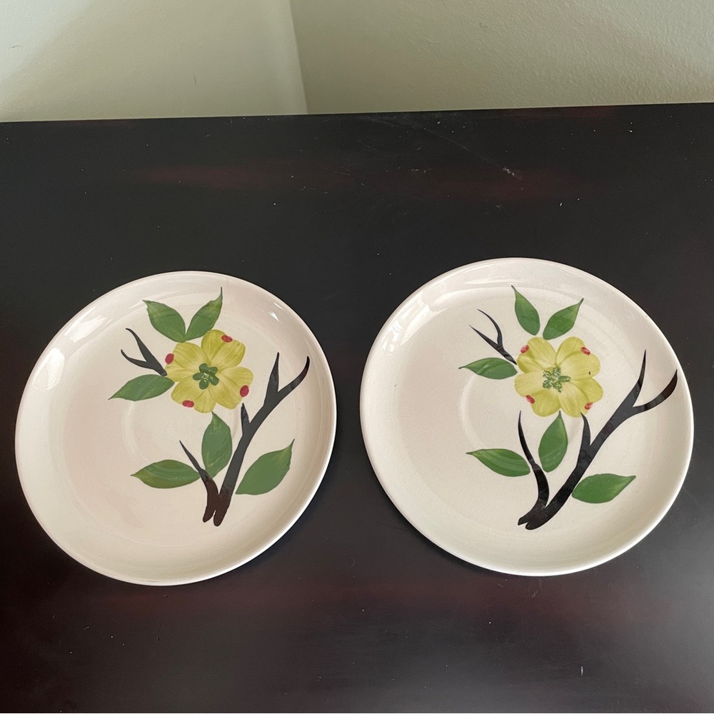 VTG Set 2 Hand Painted Dixie Dogwood Blue Ridge Southern Pottery Saucers 6.25"